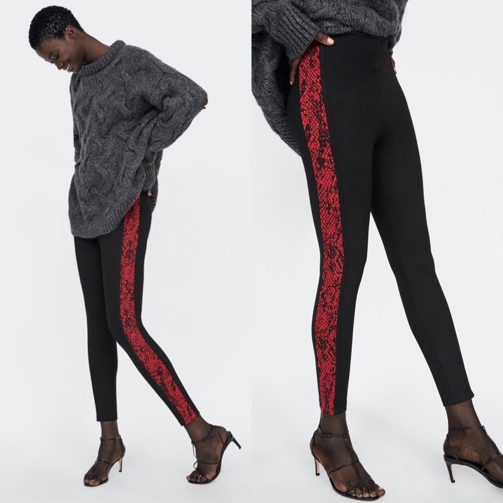 Zara Red Snake Print Side Stripe Leggings Size M - Picture 2 of 4